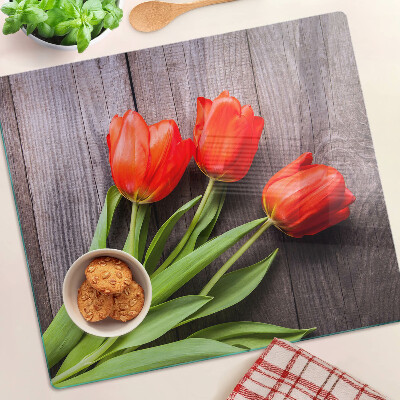 Planche à découper verre Tulipes sur fond de bois