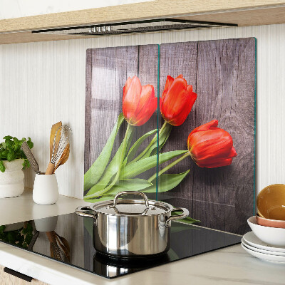 Planche à découper verre Tulipes sur fond de bois