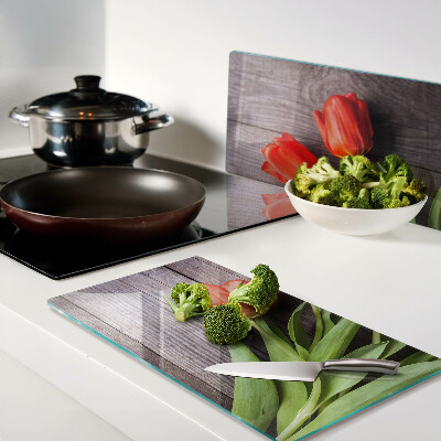 Planche à découper verre Tulipes sur fond de bois