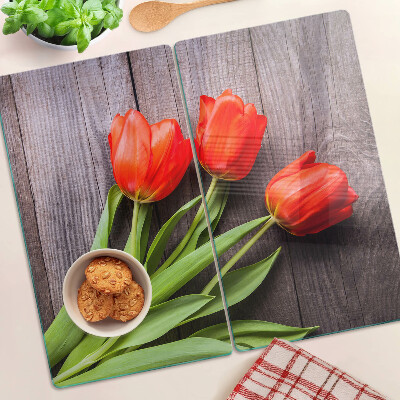 Planche à découper verre Tulipes sur fond de bois
