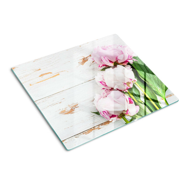 Planche à découper en verre Fleurs de pivoine sur fond de bois