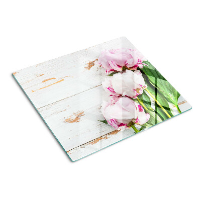 Planche à découper en verre Fleurs de pivoine sur fond de bois