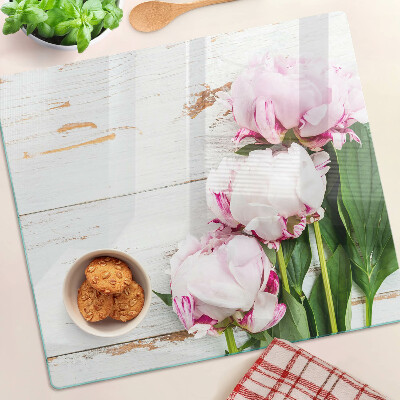 Planche à découper en verre Fleurs de pivoine sur fond de bois