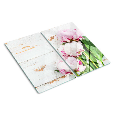 Planche à découper en verre Fleurs de pivoine sur fond de bois