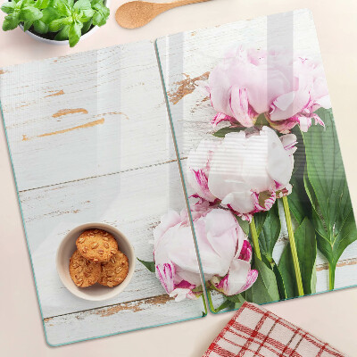 Planche à découper en verre Fleurs de pivoine sur fond de bois