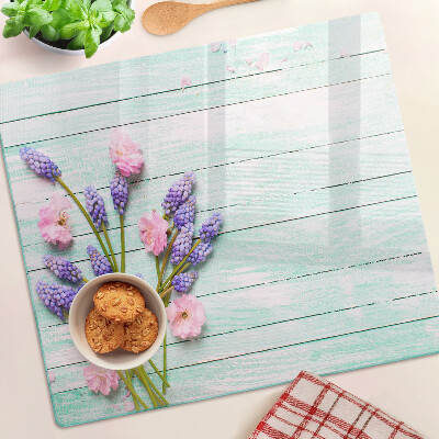 Planche à découper verre Fleurs sur fond de bois