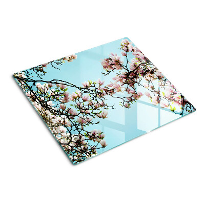 Planche à découper en verre Fleurs de magnolia sur fond bleu