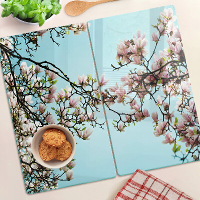 Planche à découper en verre Fleurs de magnolia sur fond bleu