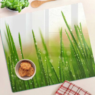 Planche à découper verre Herbe avec des gouttes d'eau