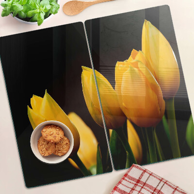 Planche à découper en verre Tulipes jaunes sur fond noir