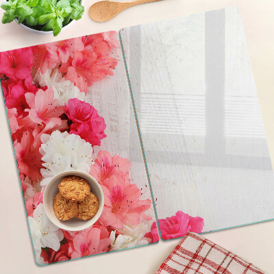 Planche à découper verre Fleurs dans les tons de rose et de blanc