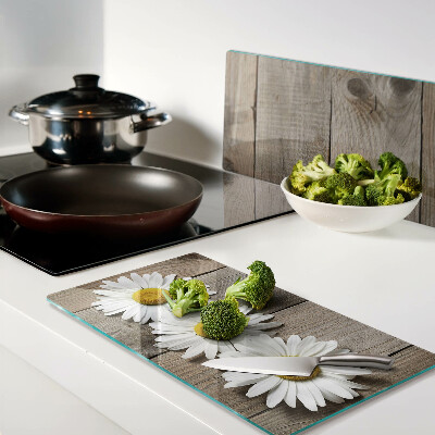 Planche à découper verre Fleurs sur fond de bois