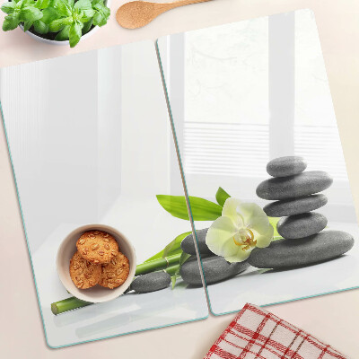 Planche à découper en verre Orchidée et pierres de spa