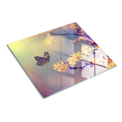Planche à découper verre Motif papillon sur fond de fleurs