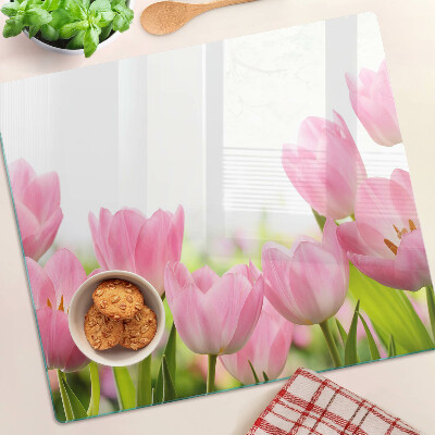 Planche à découper en verre Tulipes roses dans le jardin