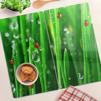 Planche à découper en verre Gouttes d'eau sur l'herbe avec des coccinelles