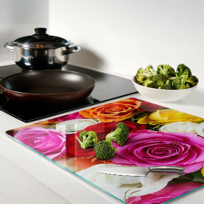 Planche à découper verre Fleurs de roses de différentes couleurs