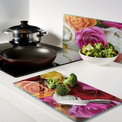 Planche à découper verre Fleurs de roses de différentes couleurs