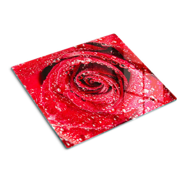 Planche à découper verre Rose rouge avec des gouttes d'eau