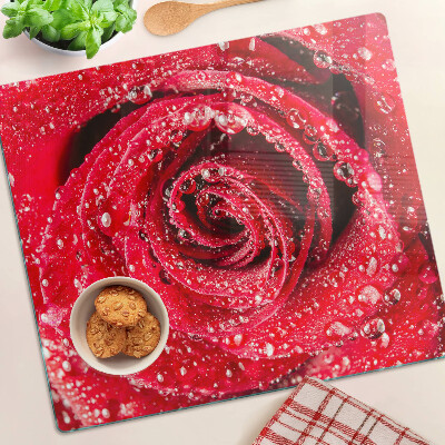 Planche à découper verre Rose rouge avec des gouttes d'eau