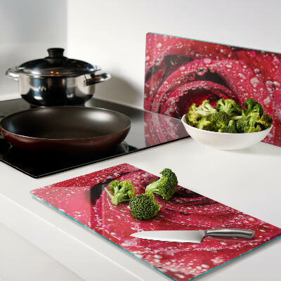 Planche à découper verre Rose rouge avec des gouttes d'eau