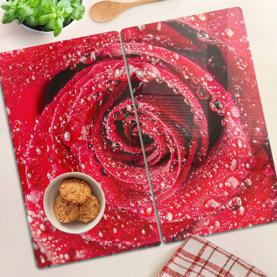 Planche à découper verre Rose rouge avec des gouttes d'eau