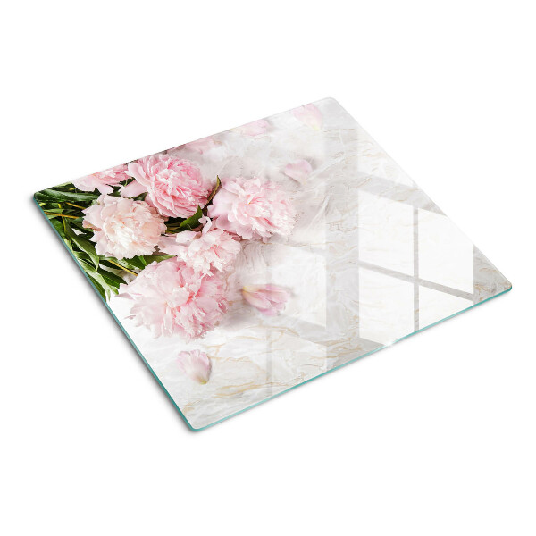 Planche à découper en verre Fleurs de pivoine sur fond de marbre