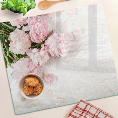 Planche à découper en verre Fleurs de pivoine sur fond de marbre