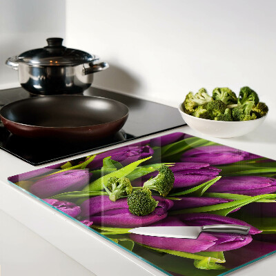 Planche à découper en verre Tulipes violettes aux feuilles vertes
