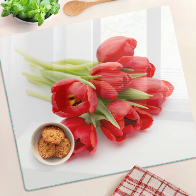 Planche à découper en verre Tulipes rouges sur fond blanc