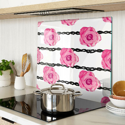 Planche à découper en verre Roses sur fond de ligne noire