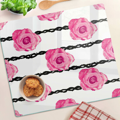 Planche à découper en verre Roses sur fond de ligne noire