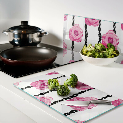 Planche à découper en verre Roses sur fond de ligne noire