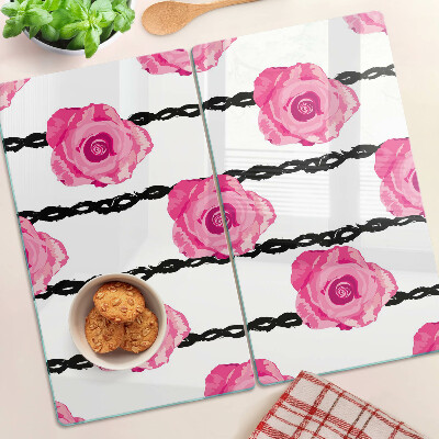 Planche à découper en verre Roses sur fond de ligne noire