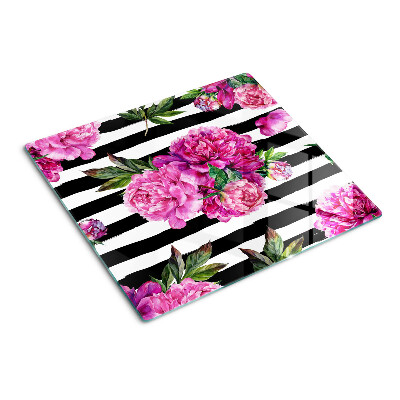 Planche à découper verre Fleurs de pivoine sur rayures