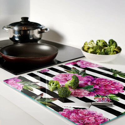 Planche à découper verre Fleurs de pivoine sur rayures