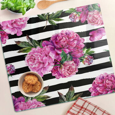 Planche à découper verre Fleurs de pivoine sur rayures