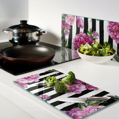Planche à découper verre Fleurs de pivoine sur rayures