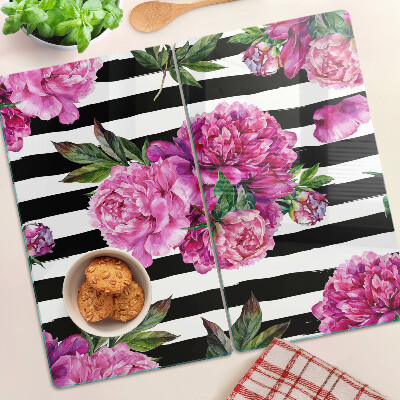 Planche à découper verre Fleurs de pivoine sur rayures