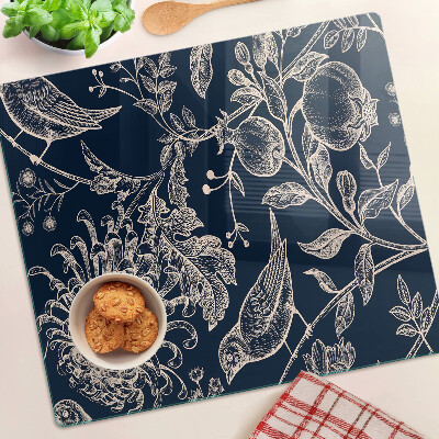 Planche à découper verre Fleurs et oiseaux sur fond sombre