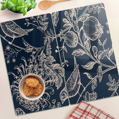 Planche à découper verre Fleurs et oiseaux sur fond sombre