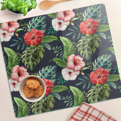 Planche à découper en verre Fleurs tropicales avec des feuilles