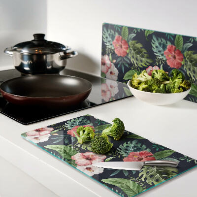 Planche à découper en verre Fleurs tropicales avec des feuilles