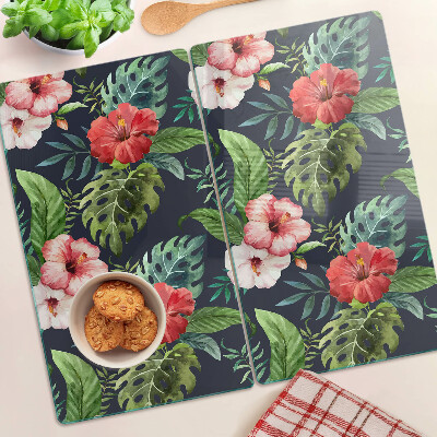 Planche à découper en verre Fleurs tropicales avec des feuilles