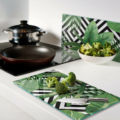 Planche à découper en verre Feuilles tropicales sur rayures