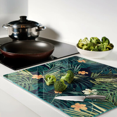 Planche à découper en verre Motif tropical avec des feuilles et des fleurs