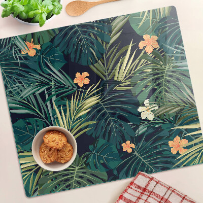 Planche à découper en verre Motif tropical avec des feuilles et des fleurs