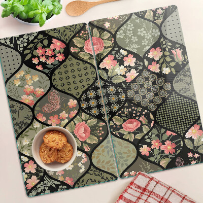 Planche à découper verre Patchwork floral à motifs géométriques