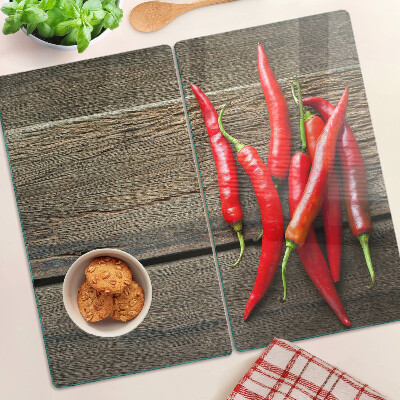 Planche à découper verre Piments sur fond de bois