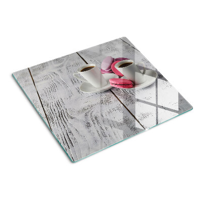 Planche à découper verre Café et macarons sur fond de bois